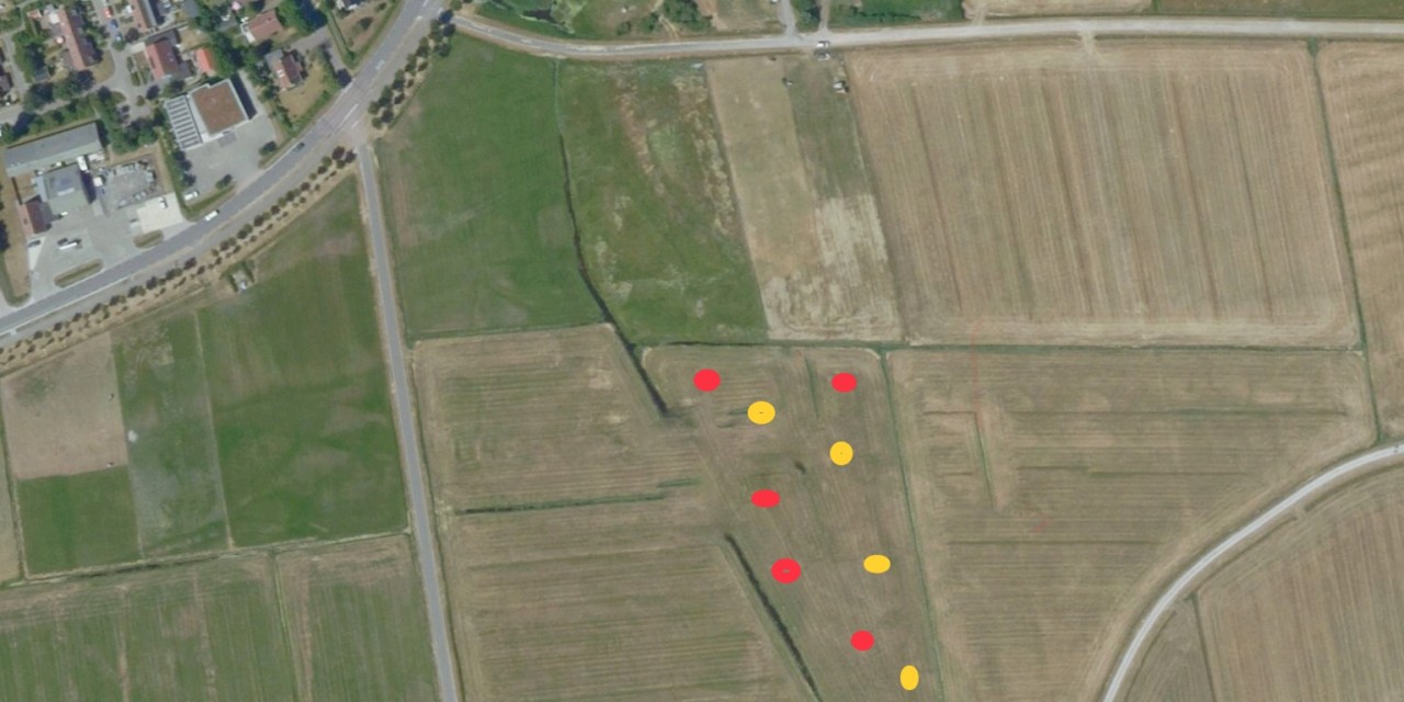 Rood=grutto nest, Geel=scholekster nest